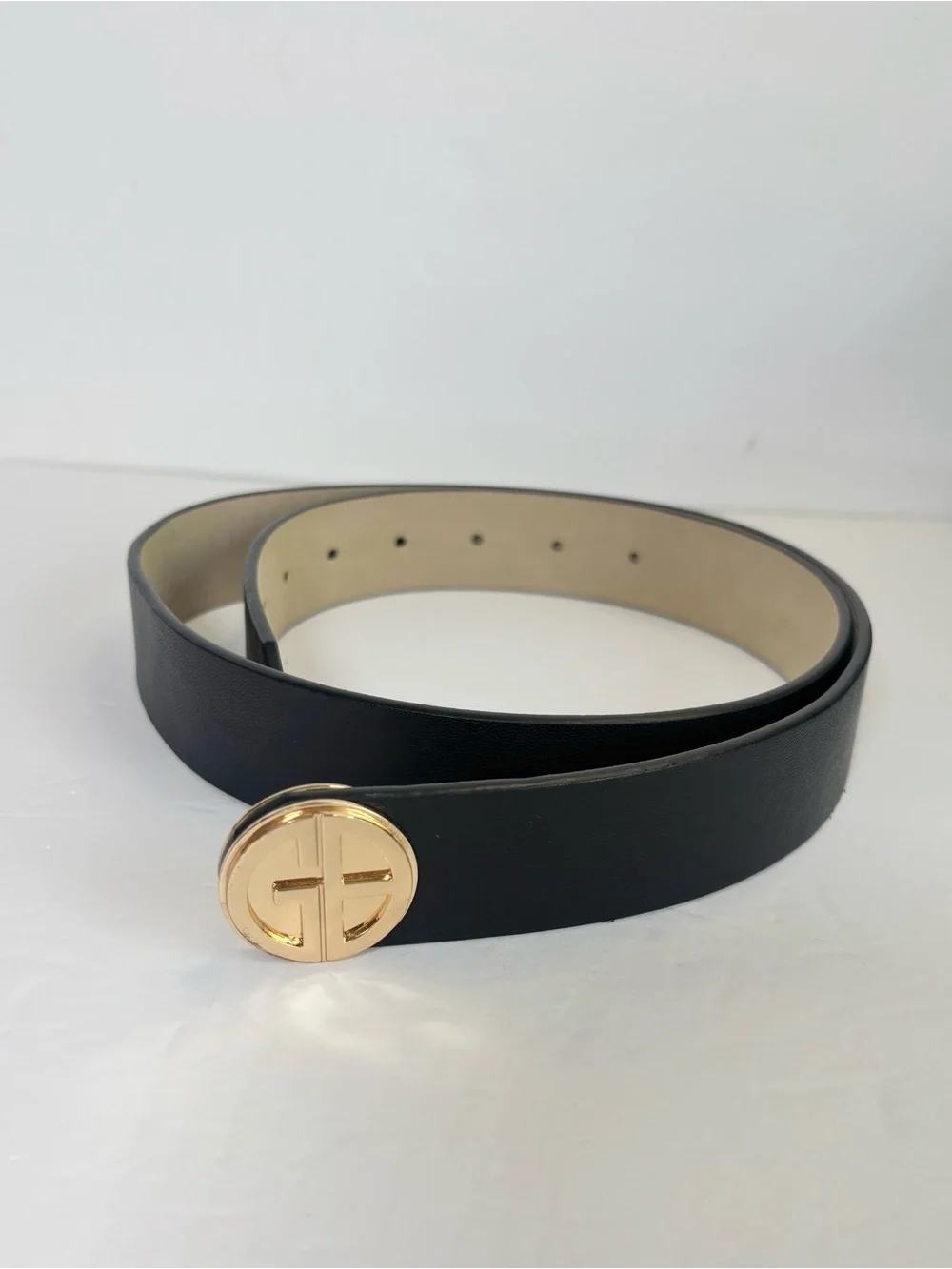 Giani Bernini Black Logo Buckle Belt Gold Tone Size S-M